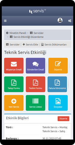 Teknik servis etkinliği ekranı