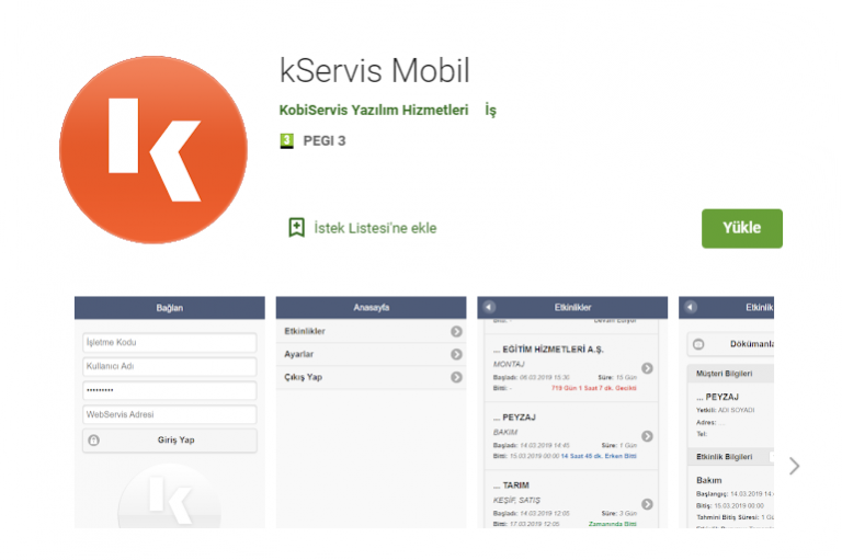 kServis mobil uygulamasının ekran görüntüsü